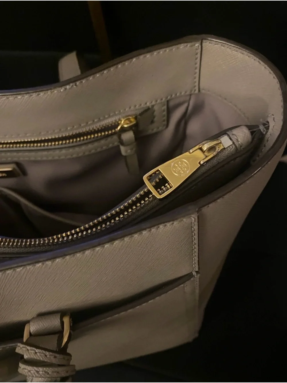 Tory Burch Taupe Saffiano Leather Tote with Logo Charm